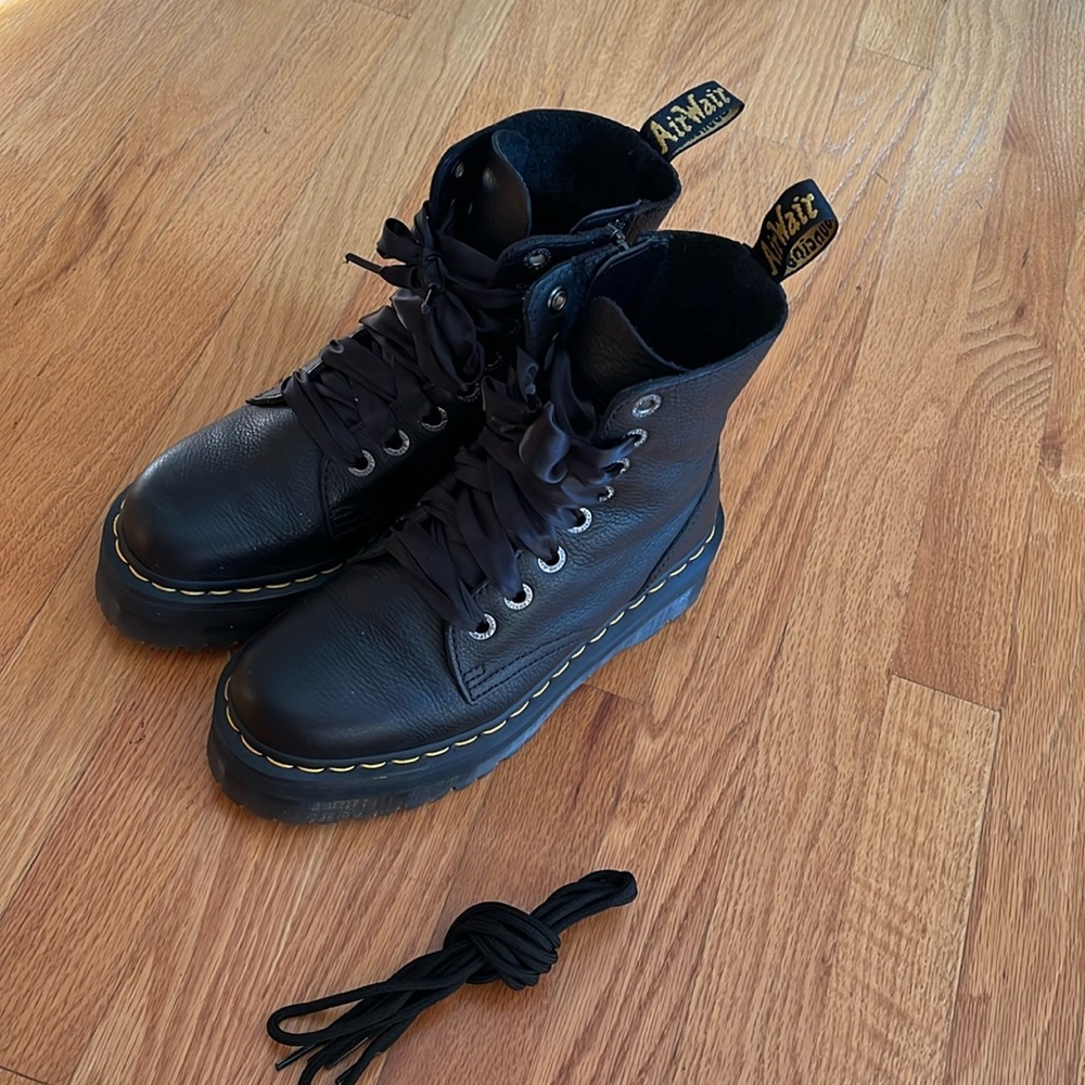 Dr. Martens Black Leather Combat Boots with Yellow Stitching